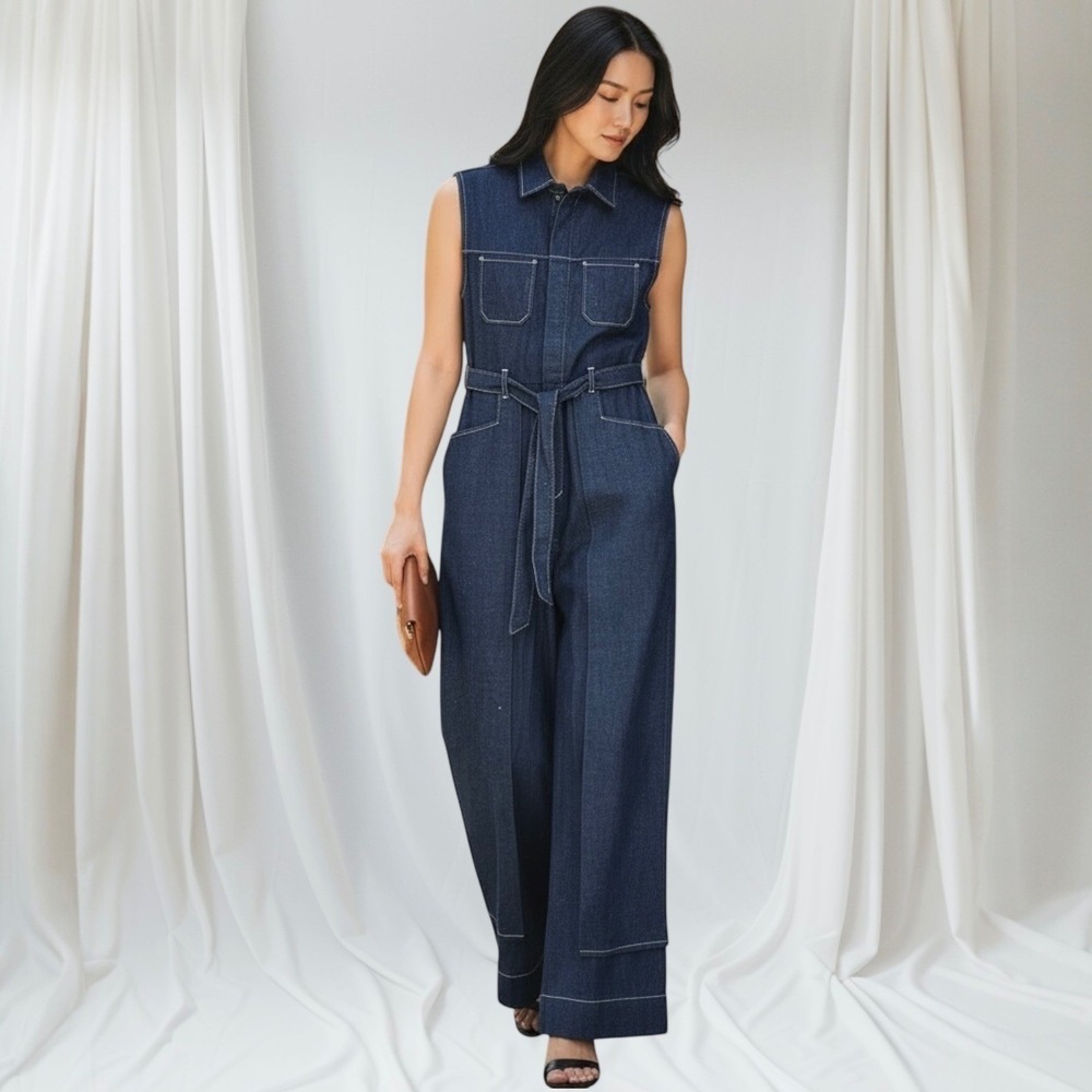 AG Adriano Goldschmied Ivanna Overlay Wide Leg Belted Blue Jumpsuit Sz Small NWT